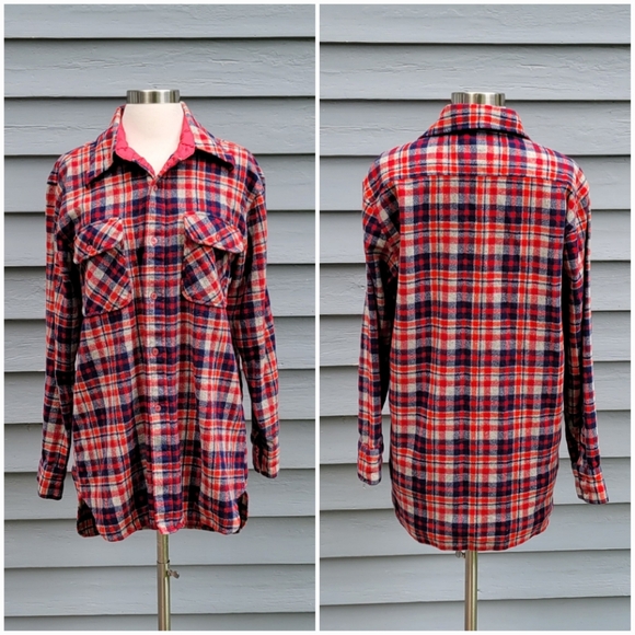 Vintage 60s J. C. Penny Wool Board Shirt Red Navy Blue and Gray Plaid Surf Shirt - Picture 1 of 5